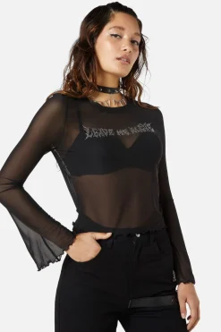 Diamante Leave Me Alone Mesh Flare Sleeve Top