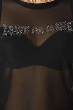 Diamante Leave Me Alone Mesh Flare Sleeve Top