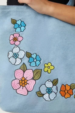 Petal Embroidered Denim Tote
